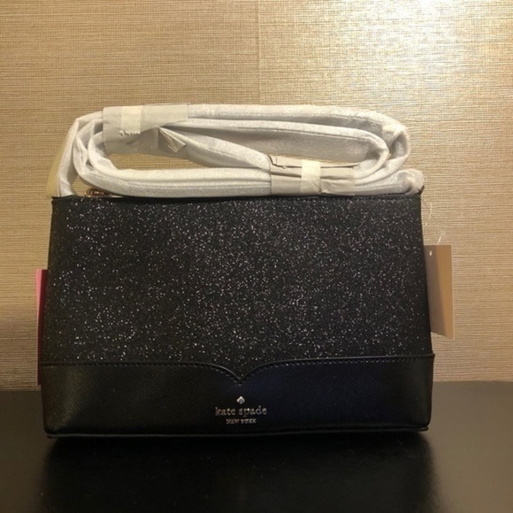 Kate Spade Black Glitter Crossbody Bag Zip Top Evening NWT - Picture 3 of 7